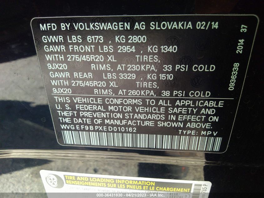 2014 VOLKSWAGEN TOUAREG EXEC - WVGEF9BPXED010162