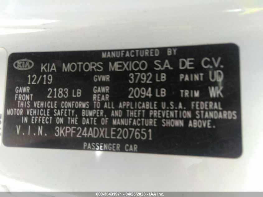 2020 KIA FORTE LXS - 3KPF24ADXLE207651