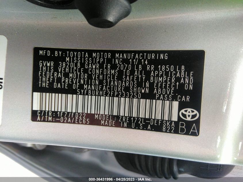2015 TOYOTA COROLLA L/LE/S/S PLUS/LE PLUS - 5YFBURHE2FP233250