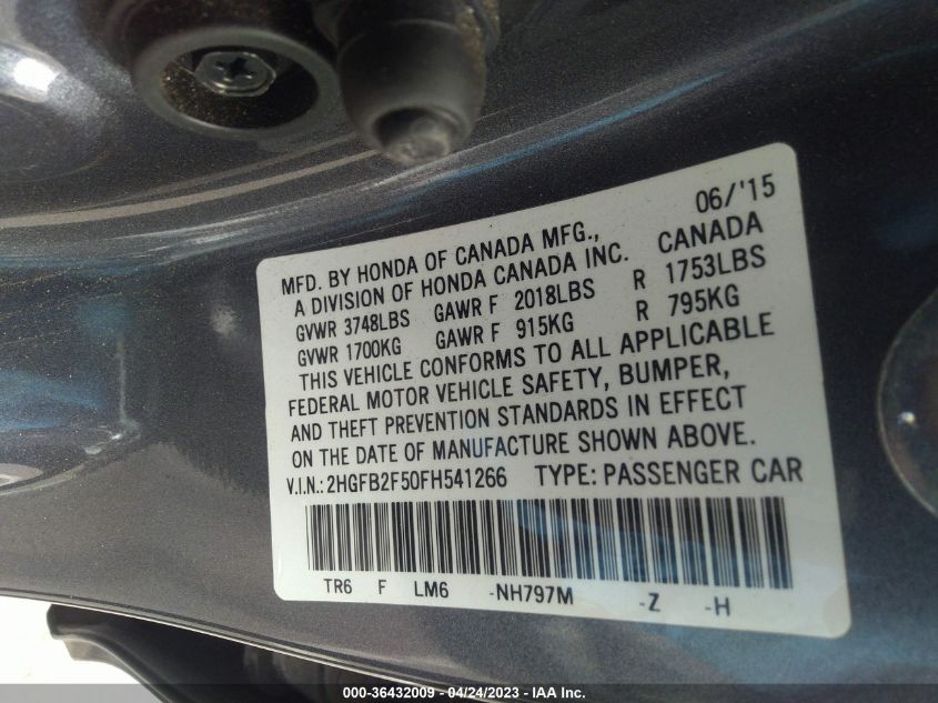 2015 HONDA CIVIC SEDAN LX - 2HGFB2F50FH541266