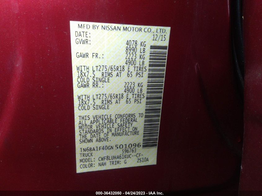 2016 NISSAN TITAN XD PRO-4X 1N6BA1F40GN501096