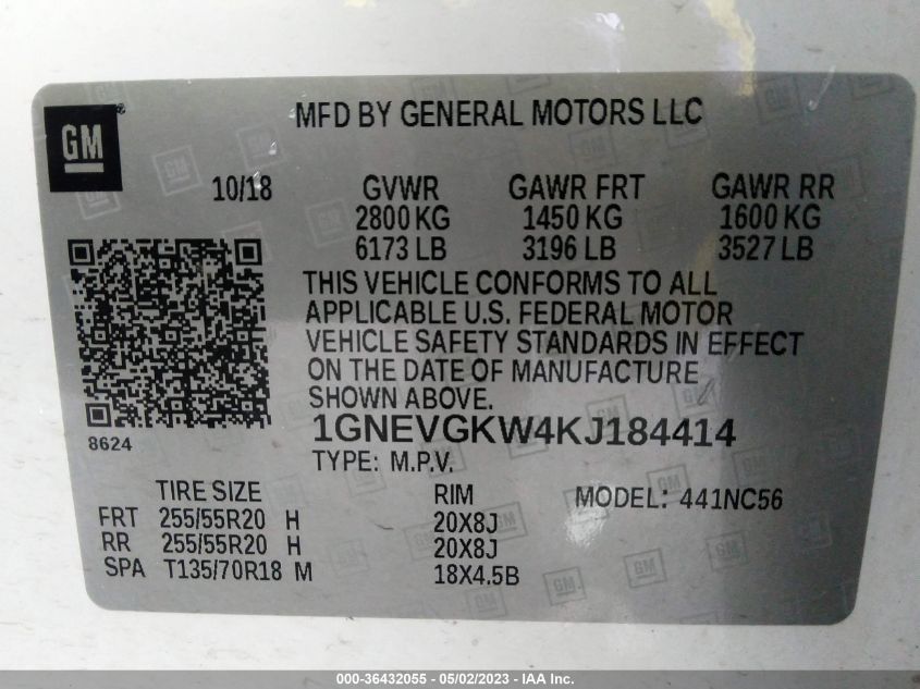 2019 CHEVROLET TRAVERSE LT CLOTH - 1GNEVGKW4KJ184414