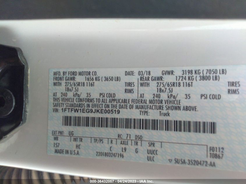 2018 FORD F-150 XL/XLT/LARIAT - 1FTFW1EG9JKE00519
