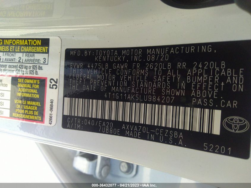 2020 TOYOTA CAMRY SE NIGHTSHADE - 4T1G11AK5LU984207