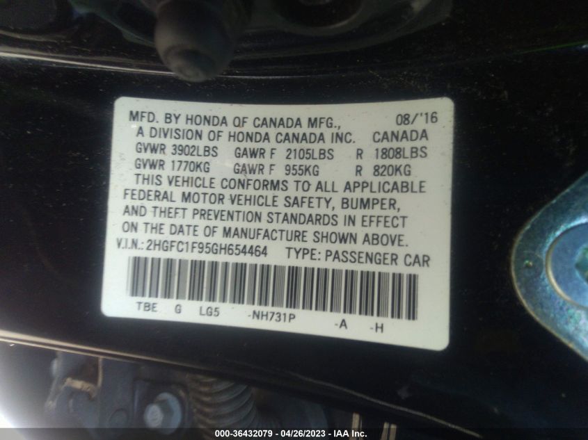 2016 HONDA CIVIC SEDAN TOURING - 2HGFC1F95GH654464