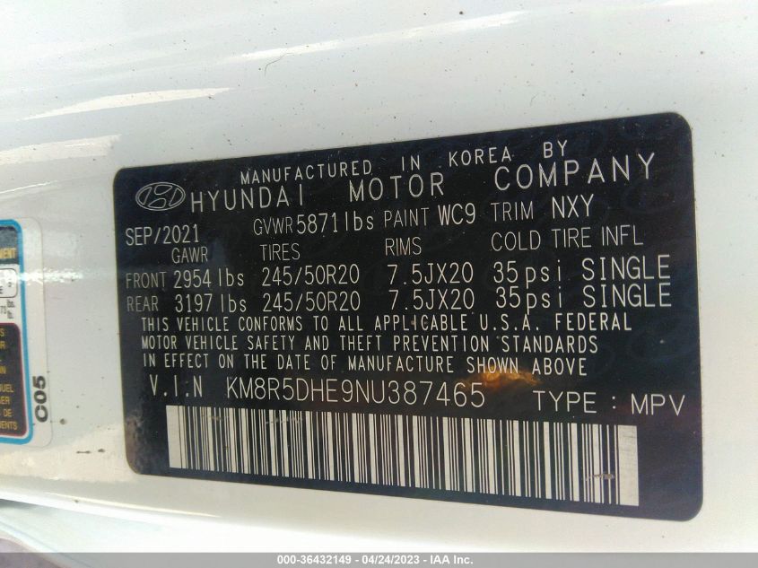 2022 HYUNDAI PALISADE LIMITED - KM8R5DHE9NU387465