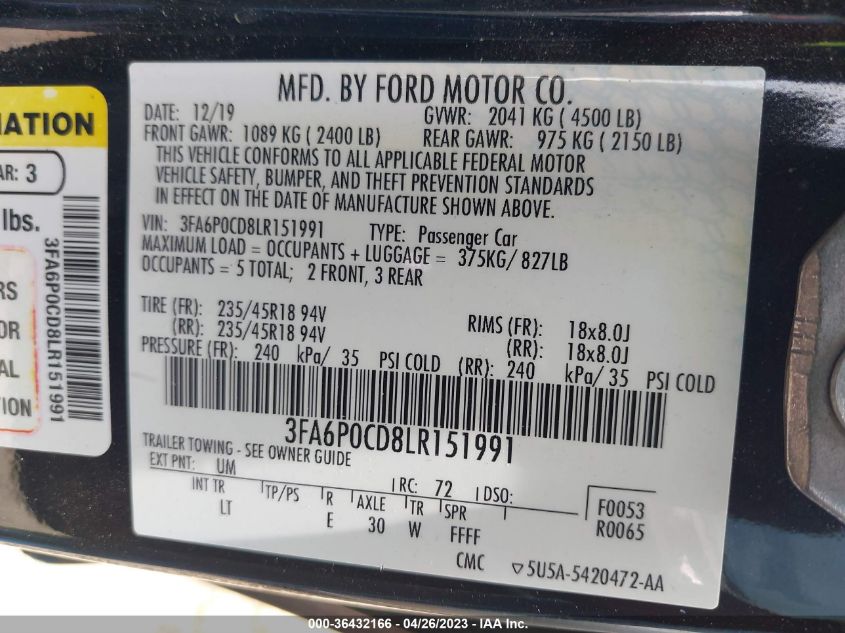 2020 FORD FUSION SEL - 3FA6P0CD8LR151991