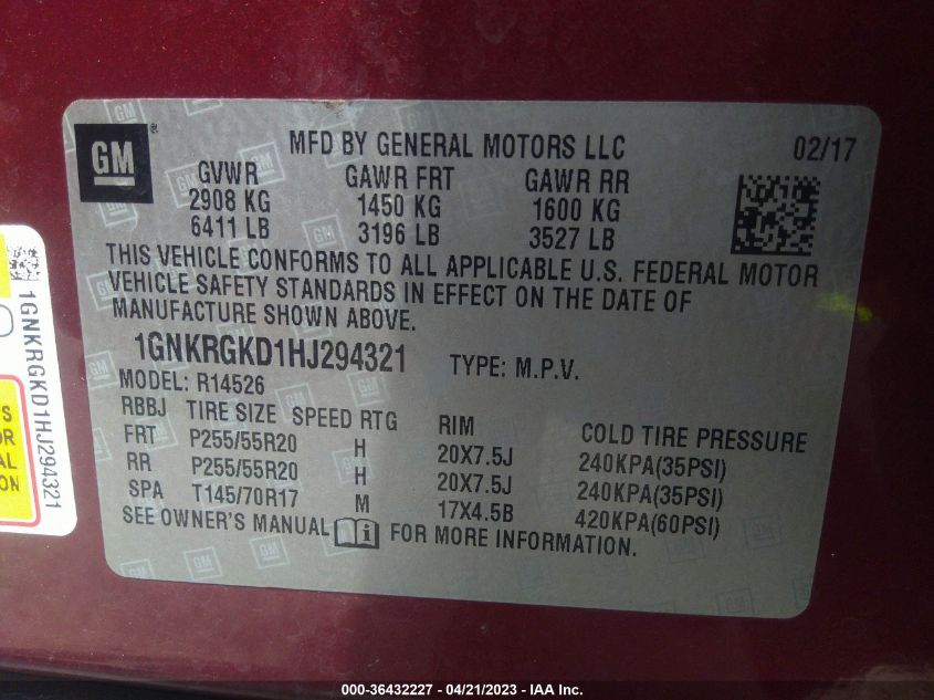 2017 CHEVROLET TRAVERSE LT - 1GNKRGKD1HJ294321