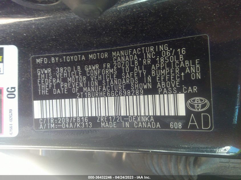 2016 TOYOTA COROLLA LE - 2T1BURHE6GC698289