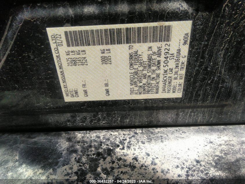 2022 NISSAN MAXIMA SV - 1N4AA6CV1NC504922