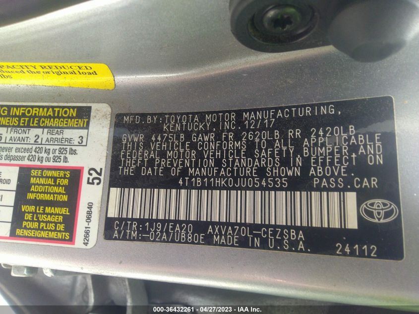 2018 TOYOTA CAMRY LE/SE/XLE/L - 4T1B11HK0JU054535