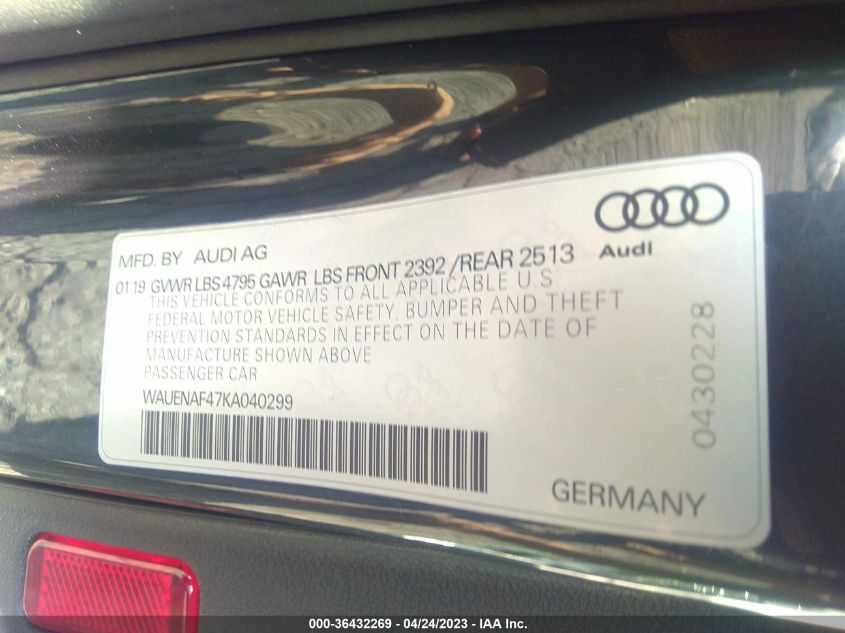 WAUENAF47KA040299 2019 AUDI A4, photo no. 9