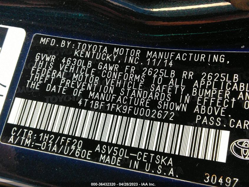 2015 TOYOTA CAMRY XLE/SE/LE/XSE - 4T1BF1FK9FU002672