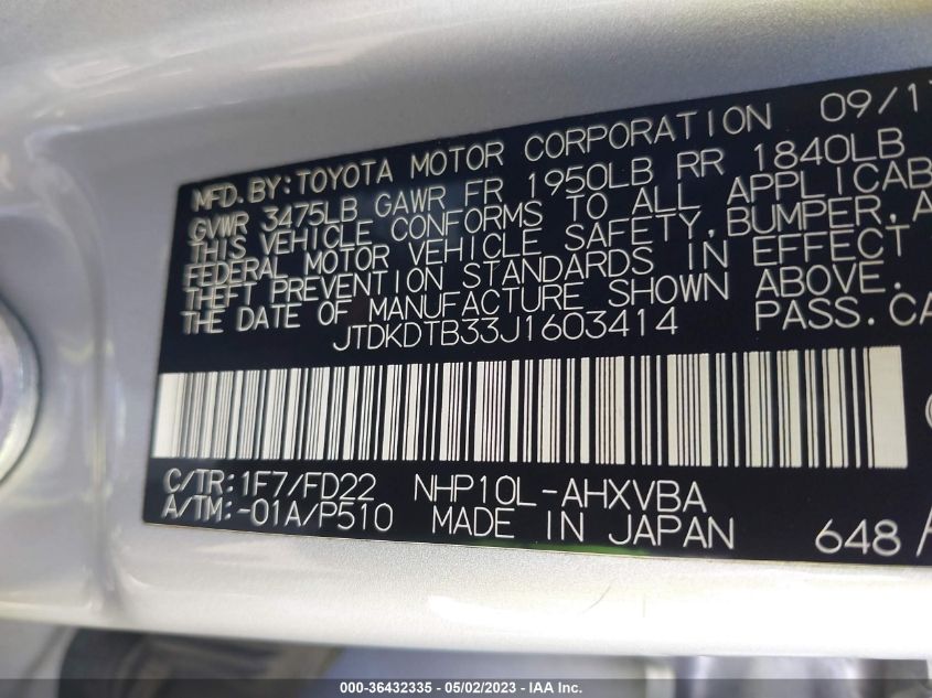 2018 TOYOTA PRIUS C ONE/TWO/THREE/FOUR - JTDKDTB33J1603414