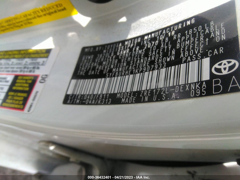 VIN 5YFBURHE1KP907933 2019 TOYOTA COROLLA L/LE/SE/XLE/XSE