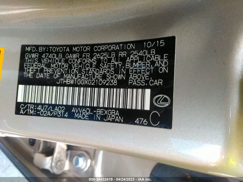 2016 LEXUS ES 300H HYBRID - JTHBW1GGXG2109238