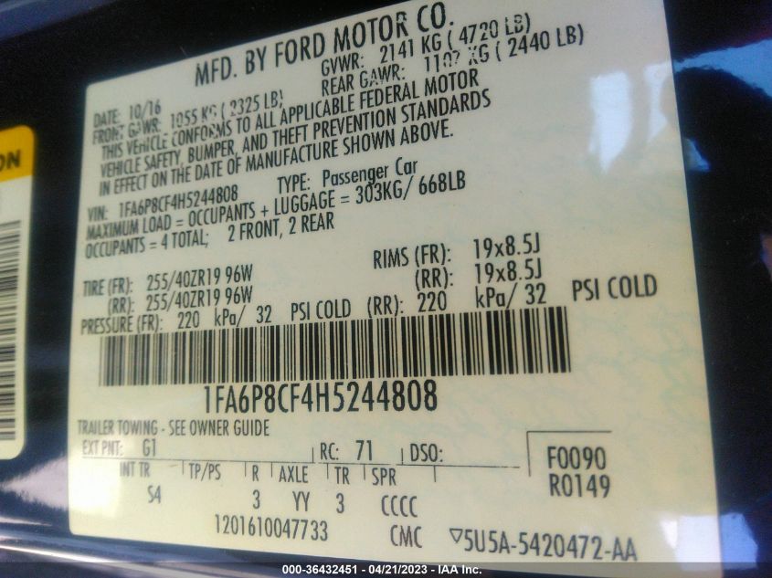 2017 FORD MUSTANG GT - 1FA6P8CF4H5244808