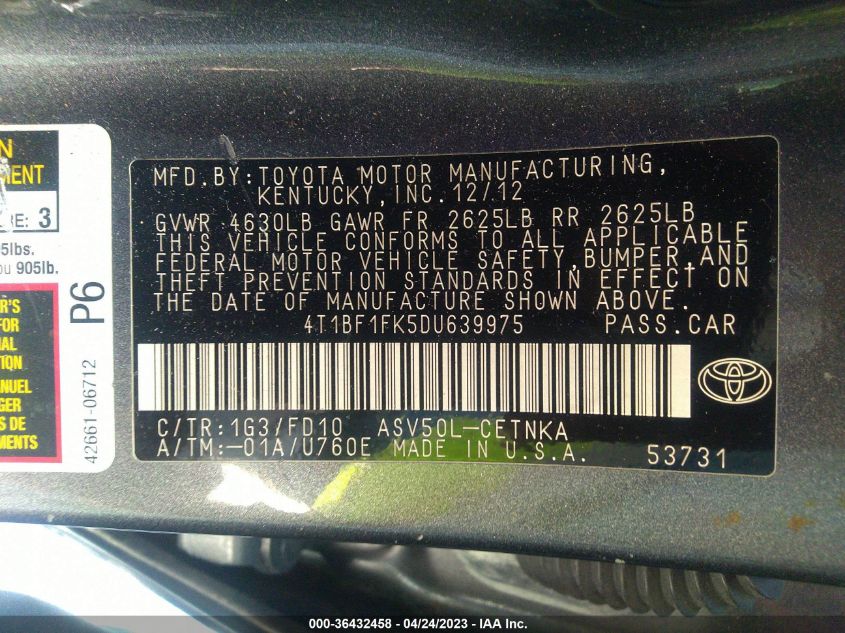 2013 TOYOTA CAMRY L/LE/SE/XLE - 4T1BF1FK5DU639975