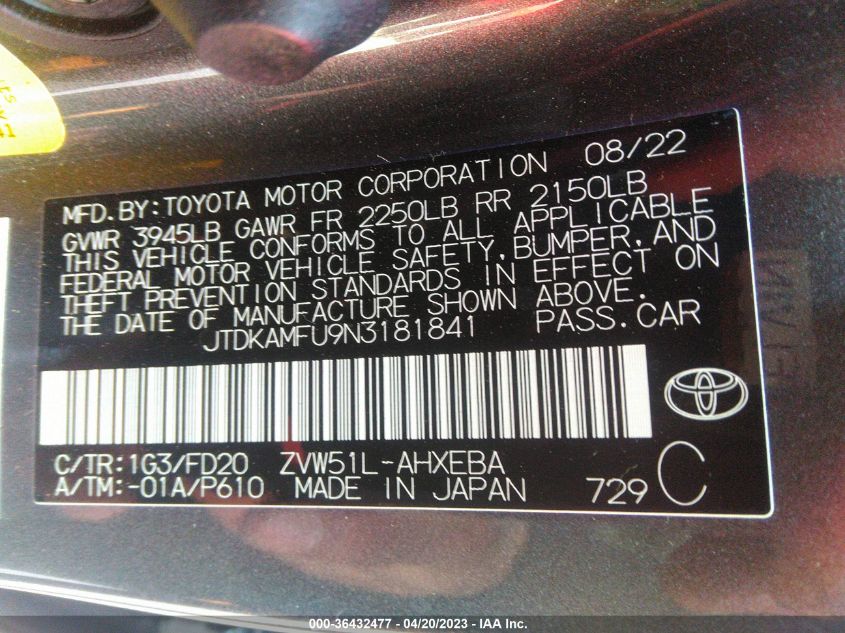 2022 TOYOTA PRIUS L - JTDKAMFU9N3181841