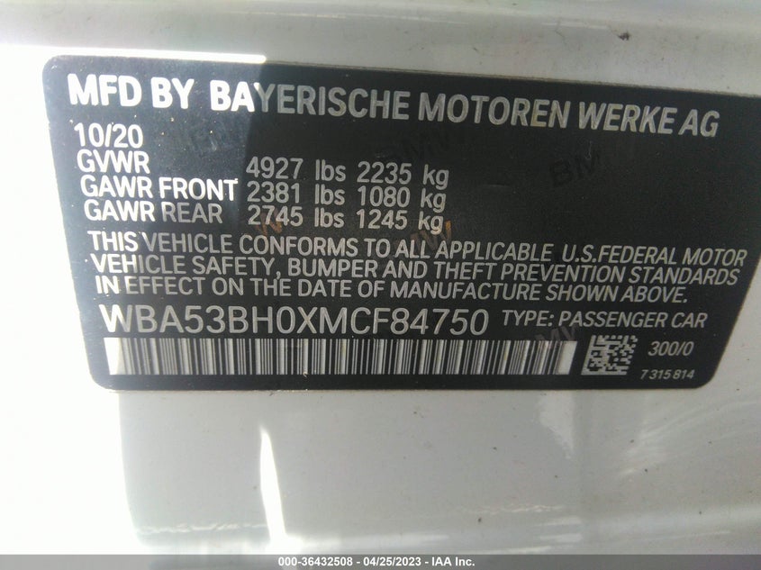 VIN WBA53BH0XMCF84750 2021 BMW 5 SERIES 530I