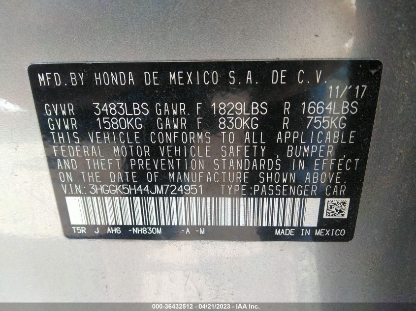 2018 HONDA FIT LX - 3HGGK5H44JM724951