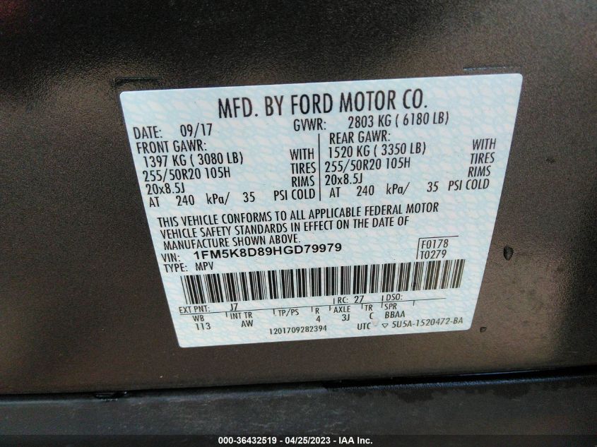2017 FORD EXPLORER XLT - 1FM5K8D89HGD79979
