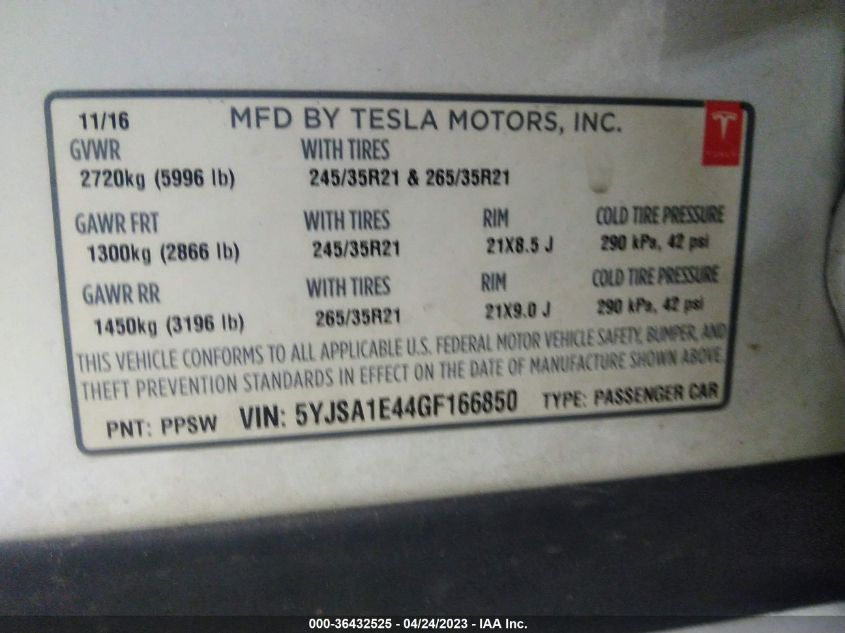 2016 TESLA MODEL S 90D/P90D/P100D/P85D - 5YJSA1E44GF166850