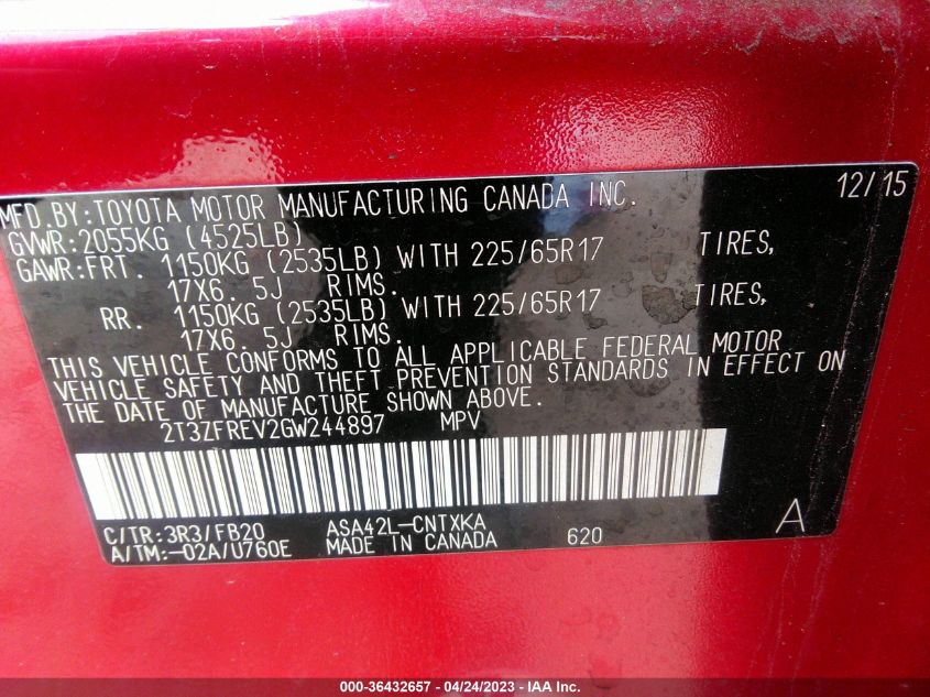 2016 TOYOTA RAV4 LE - 2T3ZFREV2GW244897
