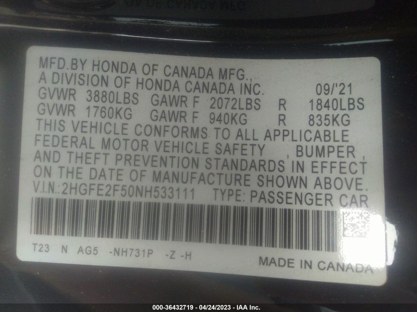 2022 HONDA CIVIC SEDAN SPORT - 2HGFE2F50NH533111