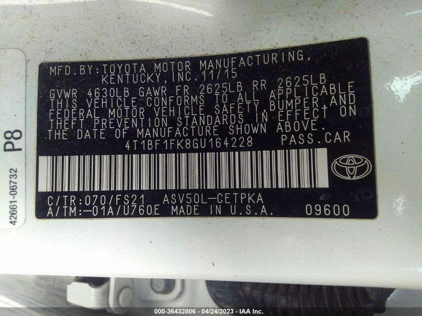 2016 TOYOTA CAMRY XLE/SE/LE/XSE - 4T1BF1FK8GU164228