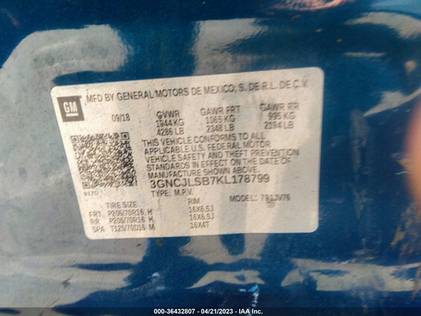 2019 CHEVROLET TRAX LT - 3GNCJLSB7KL178799