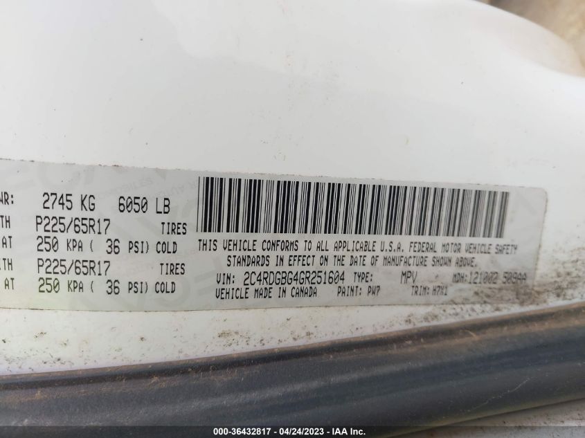 2016 DODGE GRAND CARAVAN SE - 2C4RDGBG4GR251604