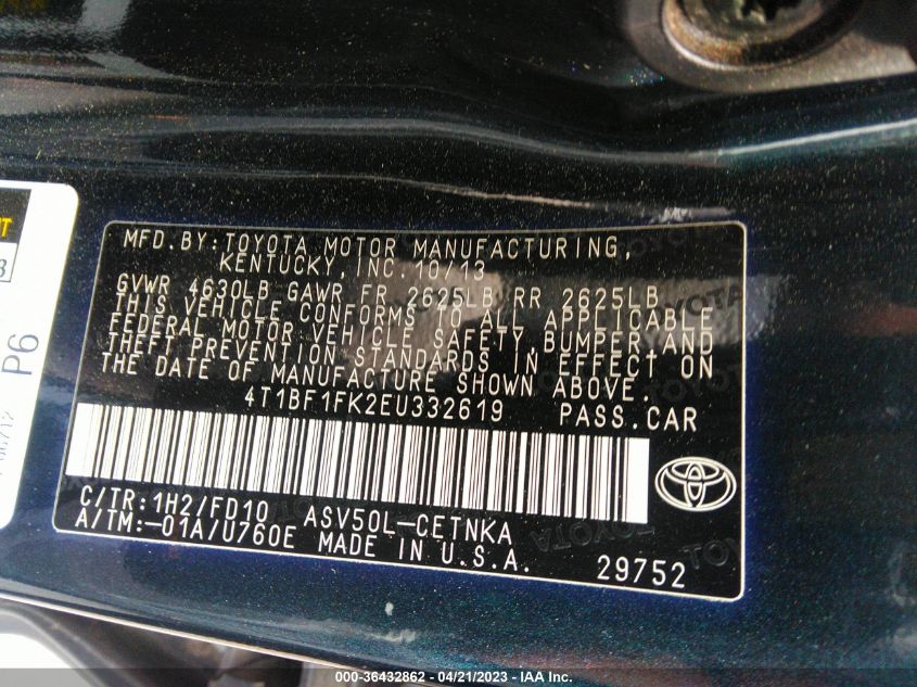 2014 TOYOTA CAMRY L/LE/XLE/SE/SE SPORT - 4T1BF1FK2EU332619