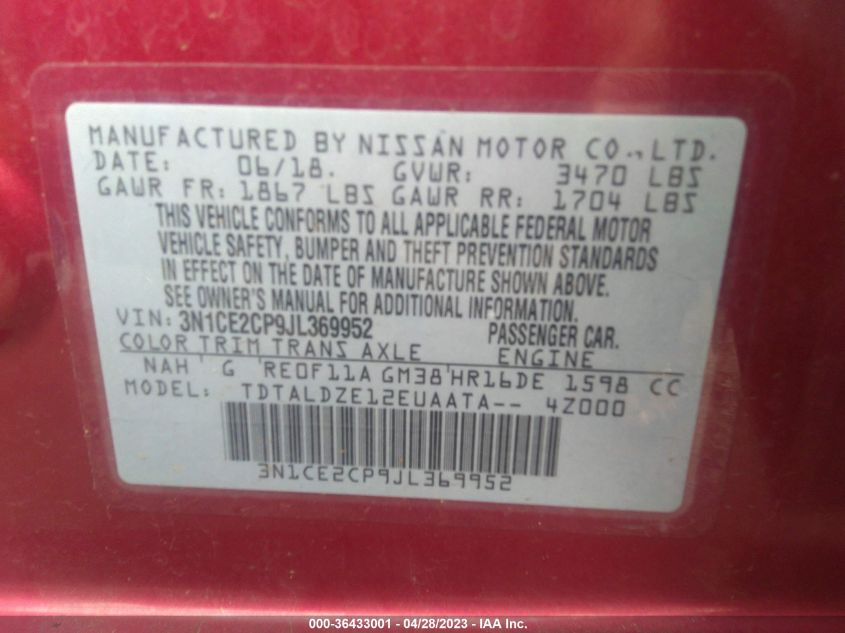 2018 NISSAN VERSA NOTE SV - 3N1CE2CP9JL369952