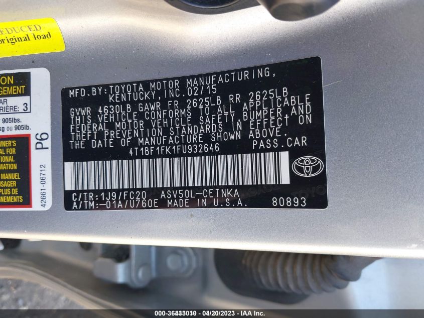 2015 TOYOTA CAMRY XLE/SE/LE/XSE - 4T1BF1FK1FU932646