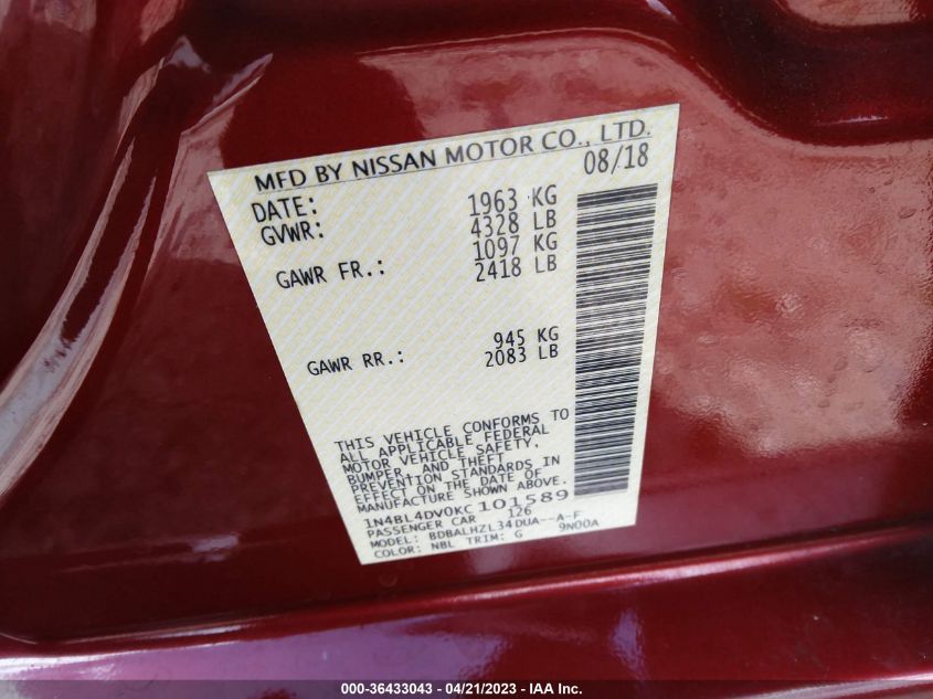 2019 NISSAN ALTIMA 2.5 SV - 1N4BL4DV0KC101589