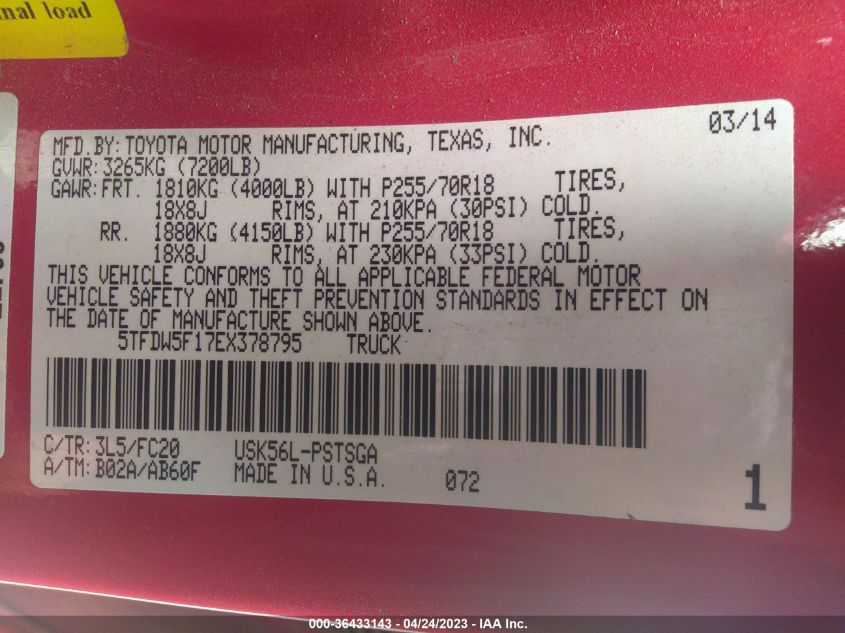 2014 TOYOTA TUNDRA 4WD TRUCK SR5 - 5TFDW5F17EX378795