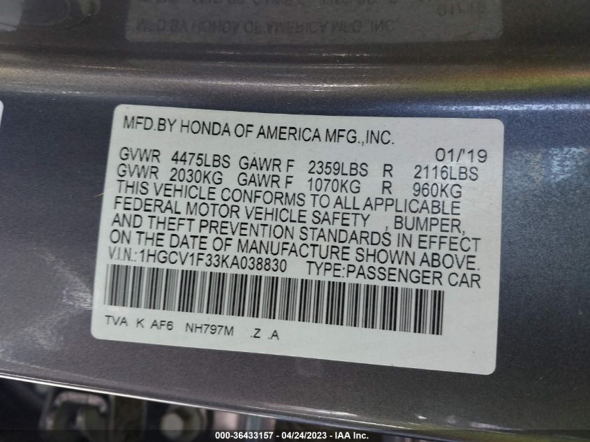 2019 HONDA ACCORD SEDAN SPORT 1.5T - 1HGCV1F33KA038830