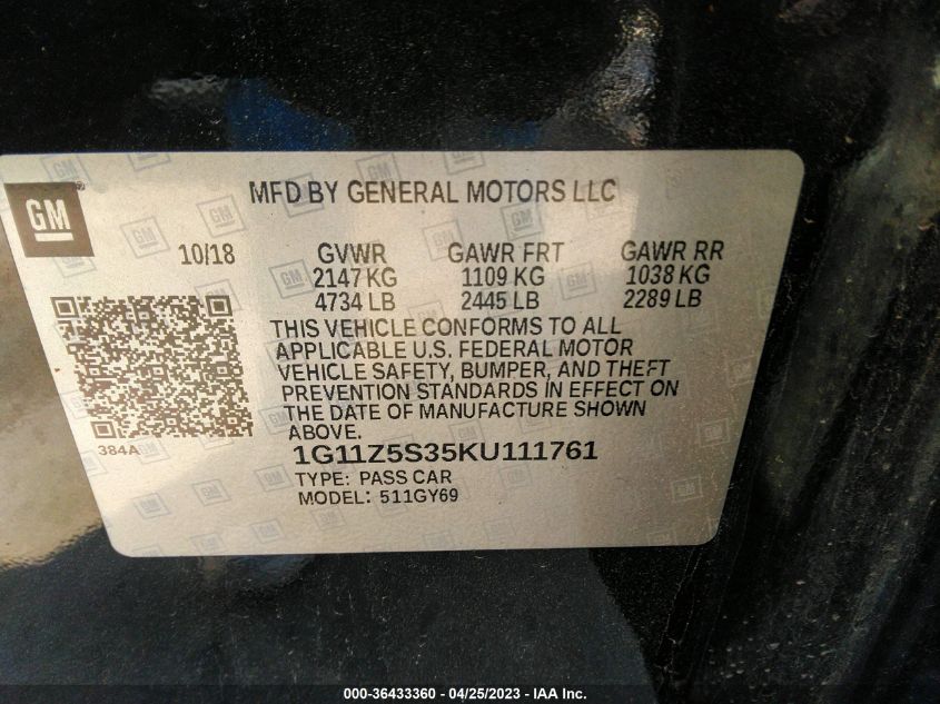 2019 CHEVROLET IMPALA LT - 1G11Z5S35KU111761