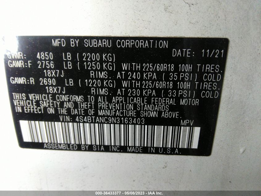 2022 SUBARU OUTBACK LIMITED - 4S4BTANC9N3163403