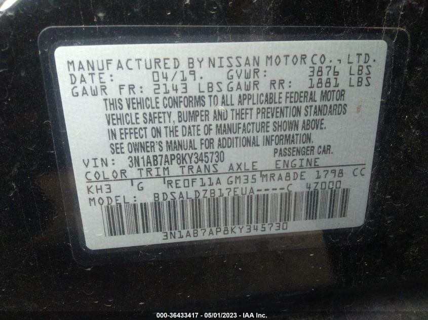 2019 NISSAN SENTRA SV - 3N1AB7AP8KY345730