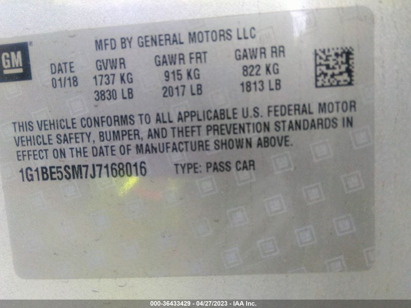 2018 CHEVROLET CRUZE LT - 1G1BE5SM7J7168016