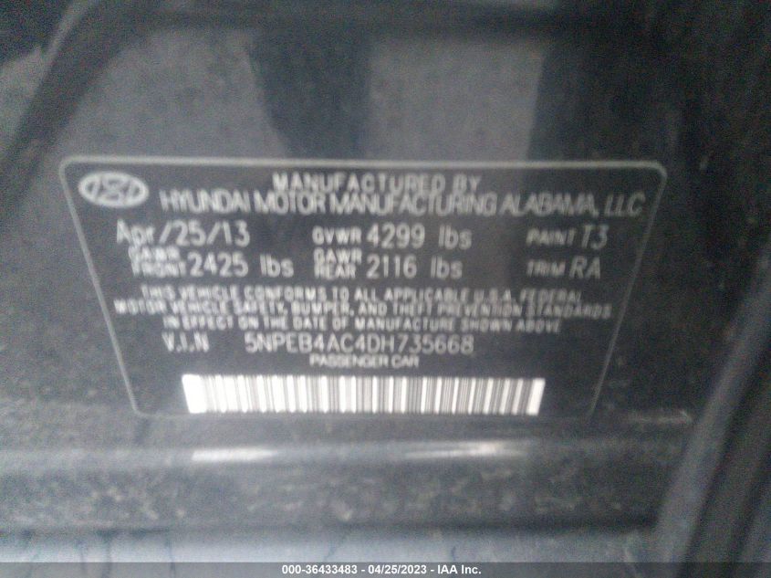 2013 HYUNDAI SONATA GLS PZEV - 5NPEB4AC4DH735668
