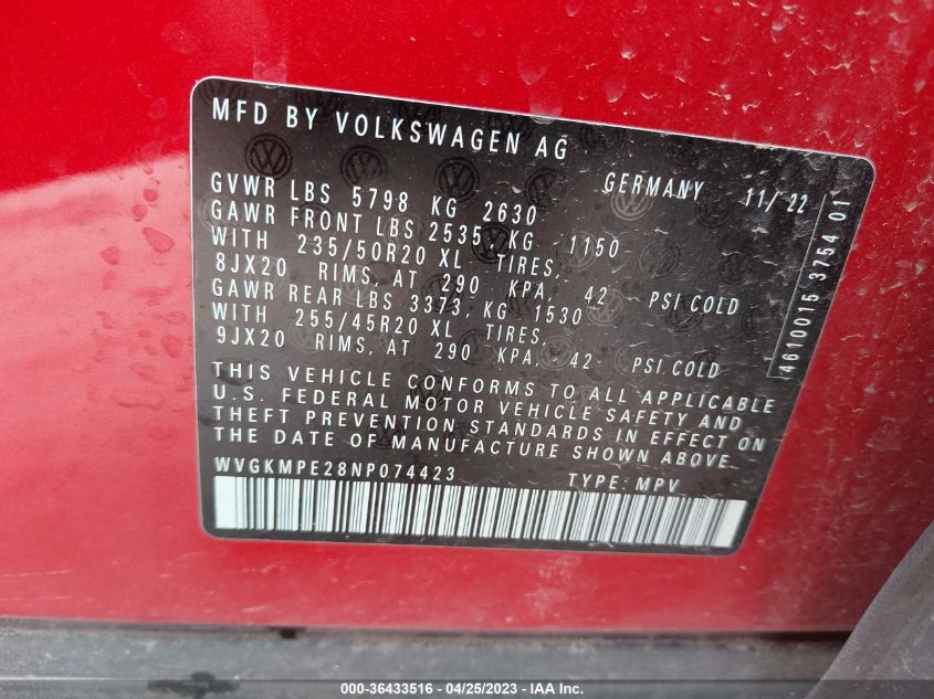 2022 VOLKSWAGEN ID.4 PRO S WVGKMPE28NP074423