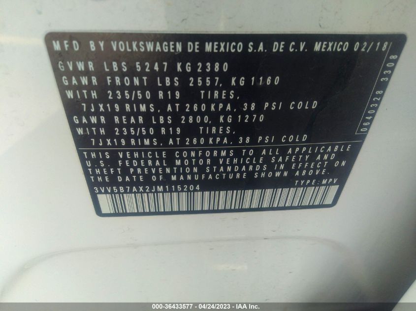 2018 VOLKSWAGEN TIGUAN SEL PREMIUM - 3VV5B7AX2JM115204