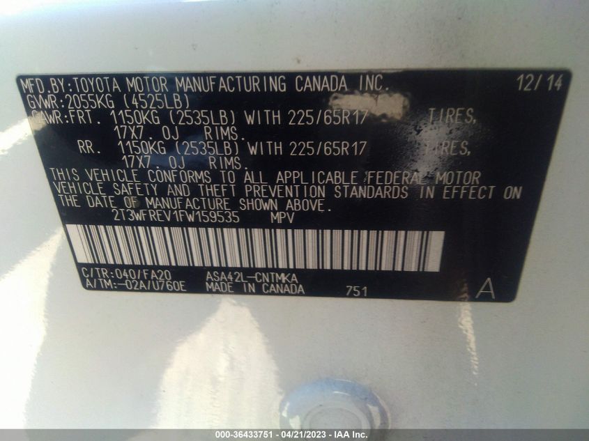 2015 TOYOTA RAV4 XLE - 2T3WFREV1FW159535