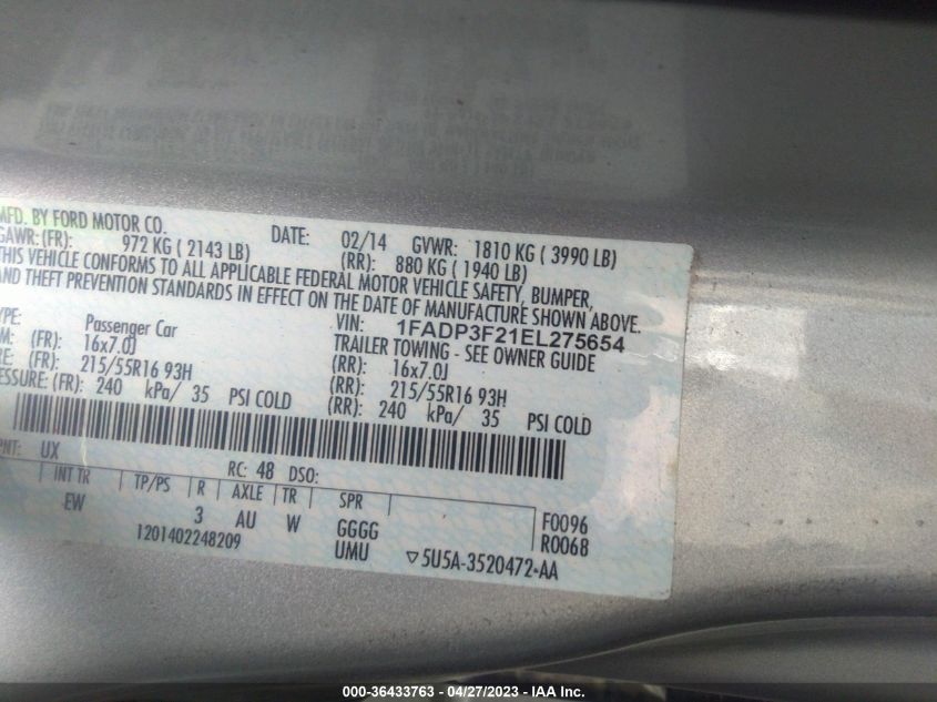 2014 FORD FOCUS SE - 1FADP3F21EL275654