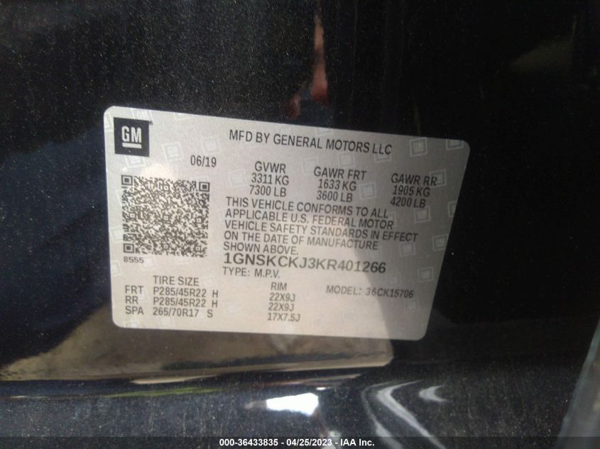 2019 CHEVROLET TAHOE PREMIER - 1GNSKCKJ3KR401266