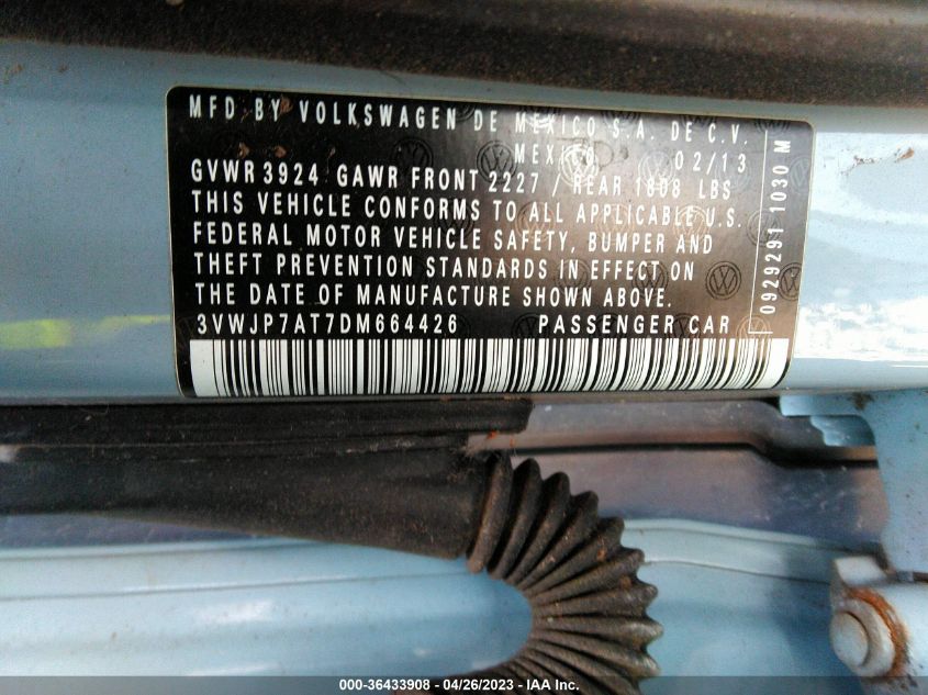 2013 VOLKSWAGEN BEETLE COUPE 2.5L - 3VWJP7AT7DM664426