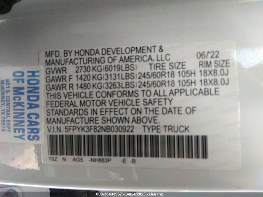 2022 HONDA RIDGELINE BLACK EDITION - 5FPYK3F82NB030922